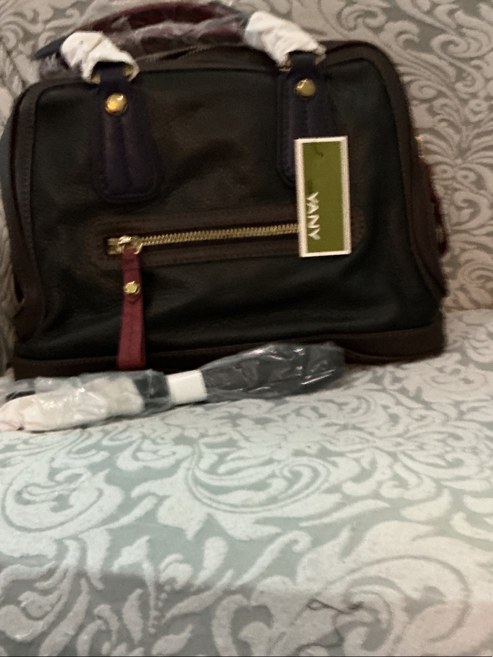 YanYan Black Satchel with Burgundy Trim and Gold Accents